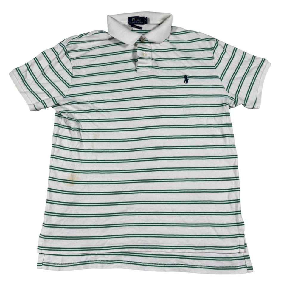 Polo Ralph Lauren Polo Shirt Mens M White Green Striped Custom Fit Short Sleeve